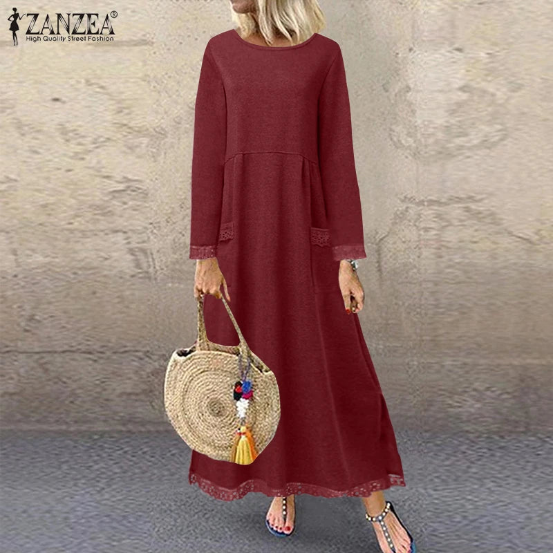 ZANZEA 2025 Herbst Sweatshirt-Kleid mit Spitze, O-Ausschnitt NOOR08