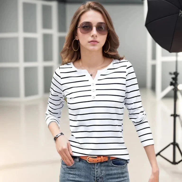 Damen V-Ausschnitt Bluse | Gestreiftes Langarm Shirt Frühling Herbst NOOR08