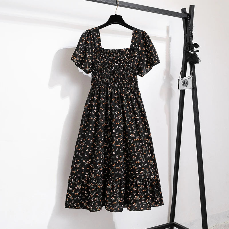 Sommer/Herbst Midi-Kleid mit Blumenprint und elastischer Taille NOOR08
