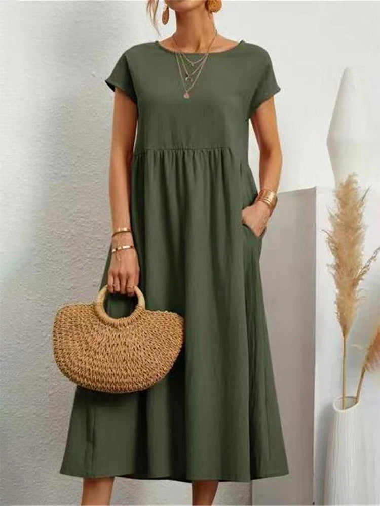 Elegantes Maxi-Kleid aus Leinen-Baumwolle, kurze Ärmel NOOR08