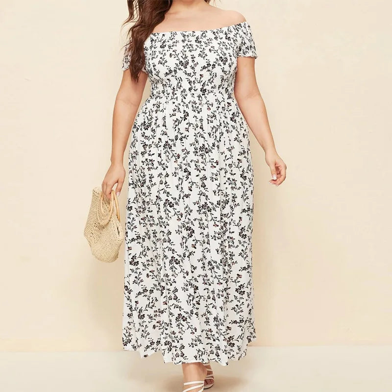 Langes Boho-Maxi-Kleid mit Blumenprint und schulterfreiem Schnitt NOOR08