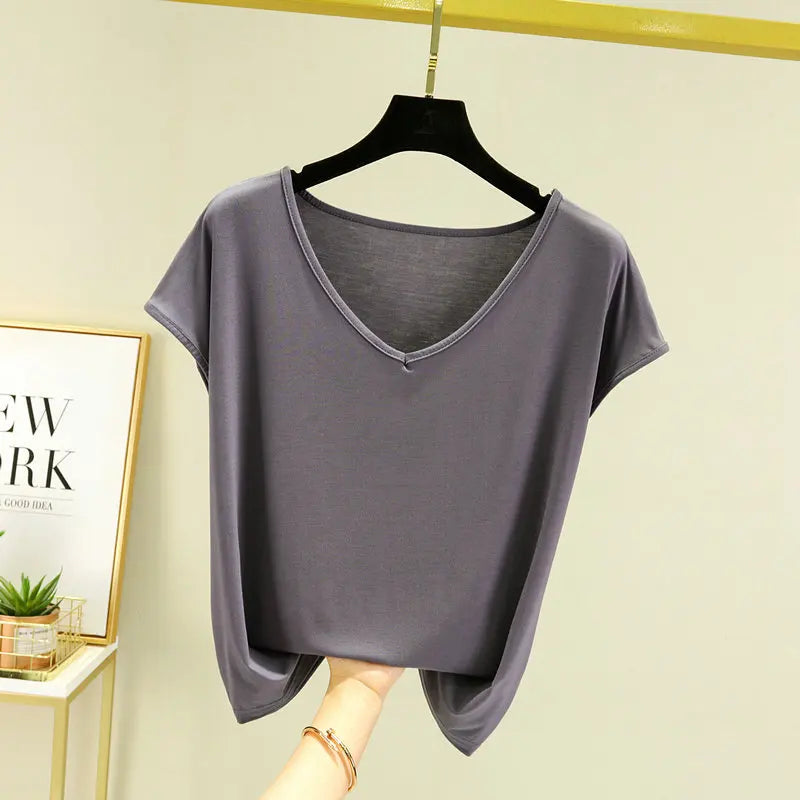 Modisches Modal-T-Shirt mit V-Ausschnitt, schmale Passform, Sommer NOOR08