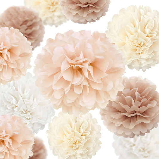 12er Set Papier Pom Poms (Champagner & Cremeweiß) – Elegante Deko-Blumenbälle für Verlobung, Hochzeit & Geburtstag