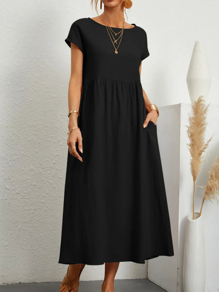 Elegantes Maxi-Kleid aus Leinen-Baumwolle, kurze Ärmel NOOR08