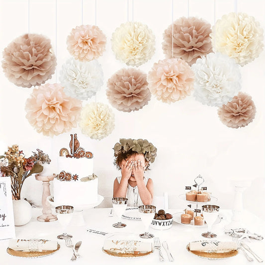 12er Set Papier Pom Poms (Champagner & Cremeweiß) – Elegante Deko-Blumenbälle für Verlobung, Hochzeit & Geburtstag