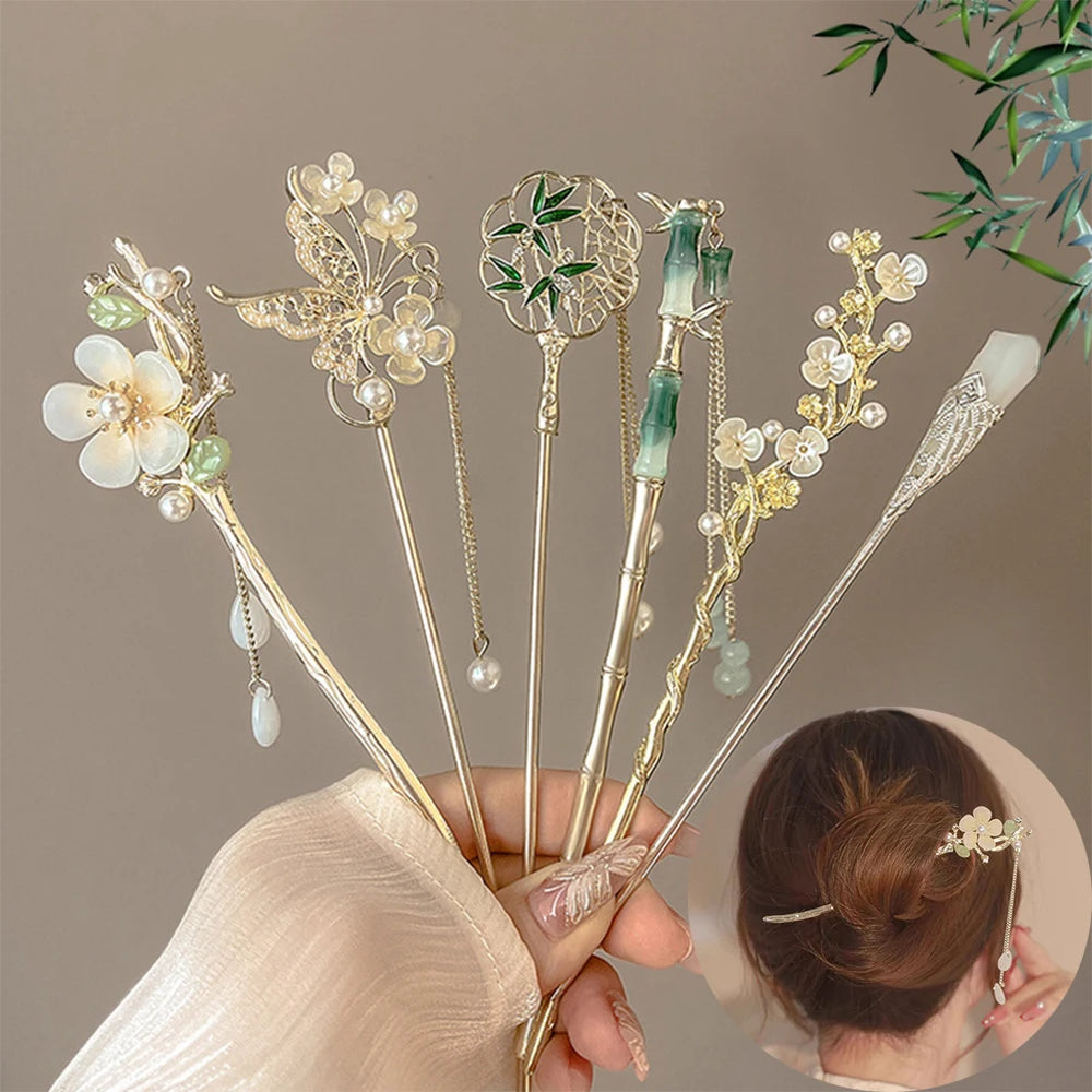 Eleganter chinesischer Haarstab mit Blumen und Quaste NOOR08