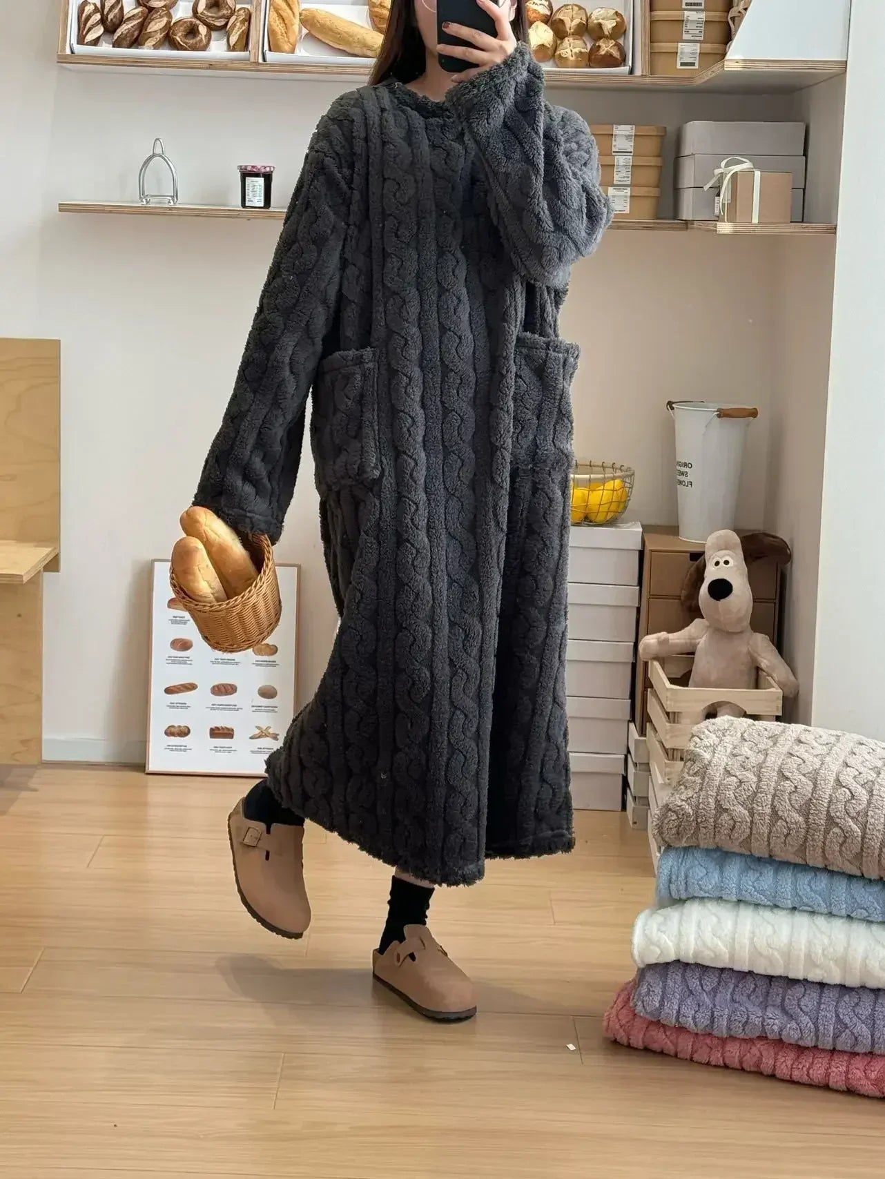 Langer Flanell-Nachtmantel für Damen, Jacquard, warm NOOR08