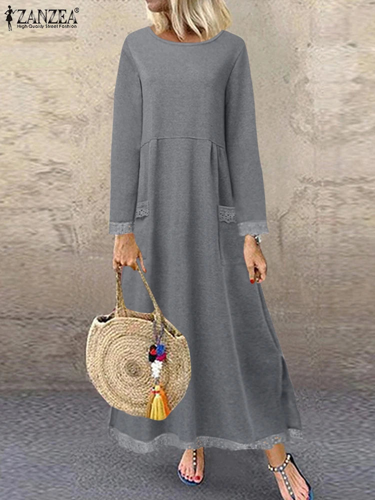ZANZEA 2025 Herbst Sweatshirt-Kleid mit Spitze, O-Ausschnitt NOOR08