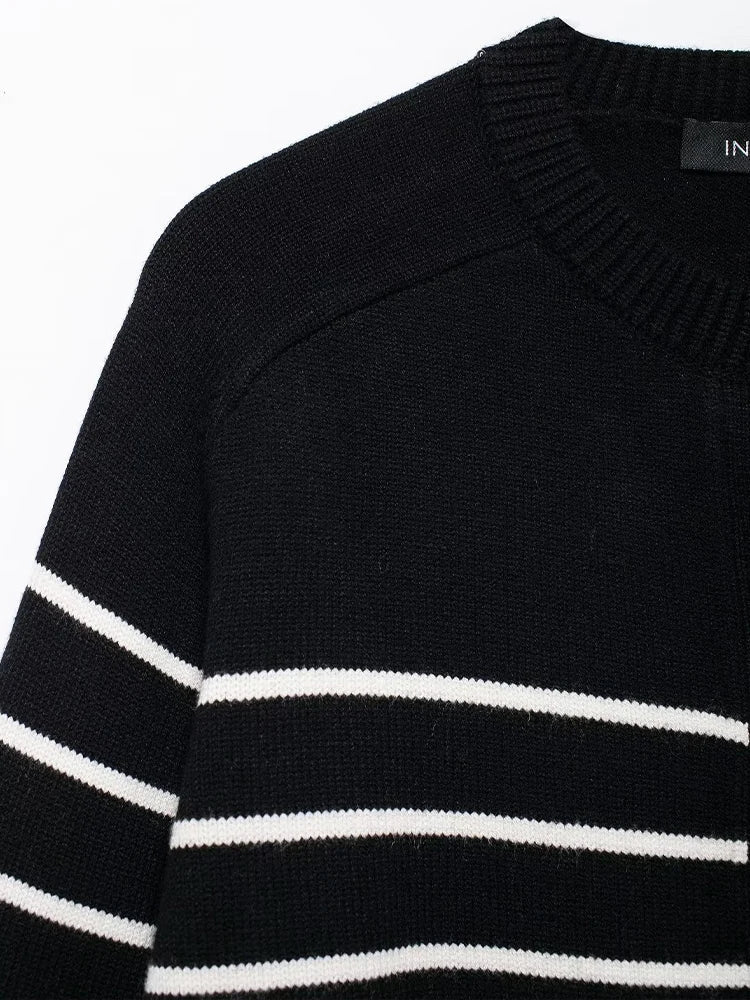 Damen-Strickpullover, Streifen, Strickjacke, Schwarz, Herbst NOOR08