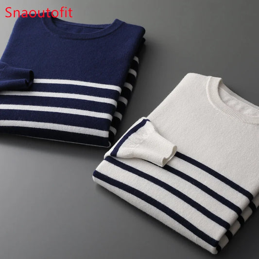 Neuer Herren-Pullover aus 100% reiner Wolle. O-Ausschnitt, Streifen im Marine-Stil. Lockere Passform, ideal für den Business-Casual-Look im Frühling und Herbst.

