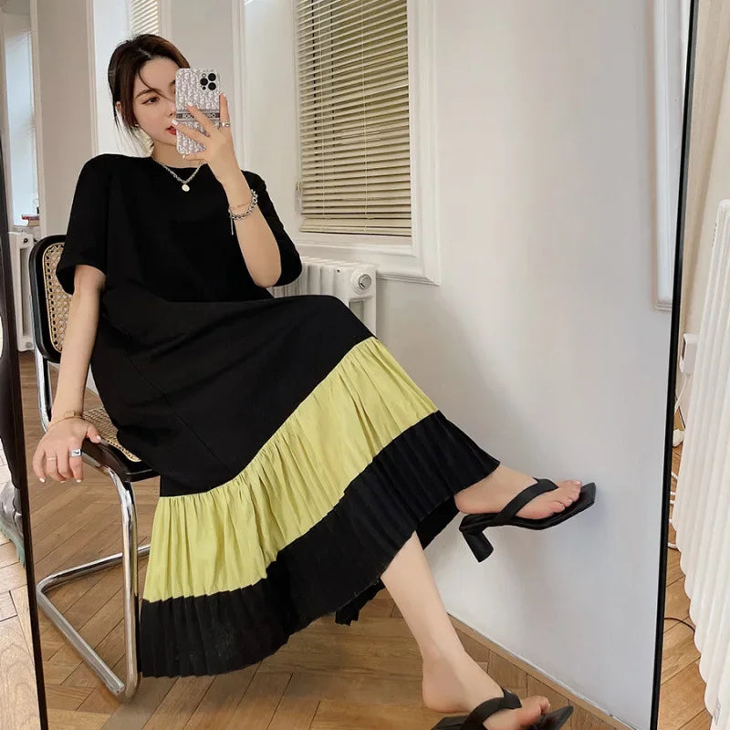 Langes ärmelloses Kleid, Color-Blocking, Plissee, Übergröße NOOR08