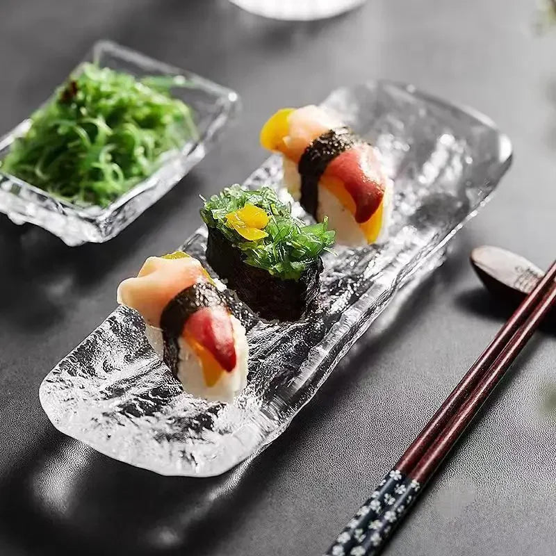 Japanische Glas-Sashimi-Platte – "Eisfluss" Sushi-Teller für Zuhause & Restaurant NOOR08