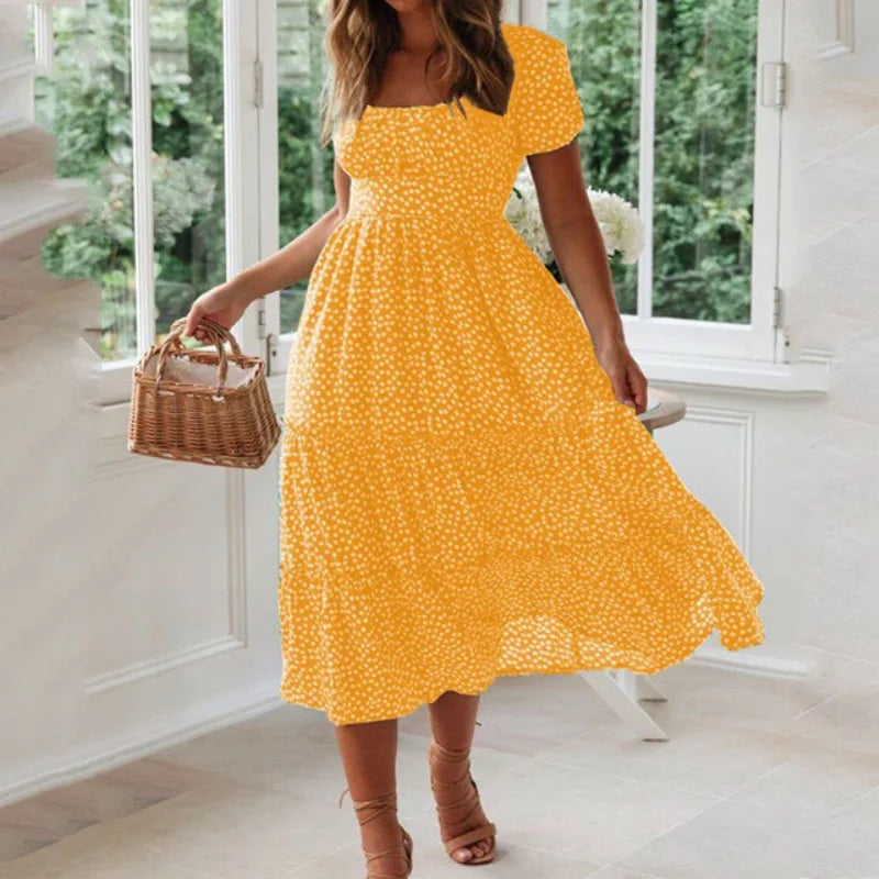 Sommerliches Boho Chiffon-Kleid mit Blumenprint und eckigem Kragen NOOR08