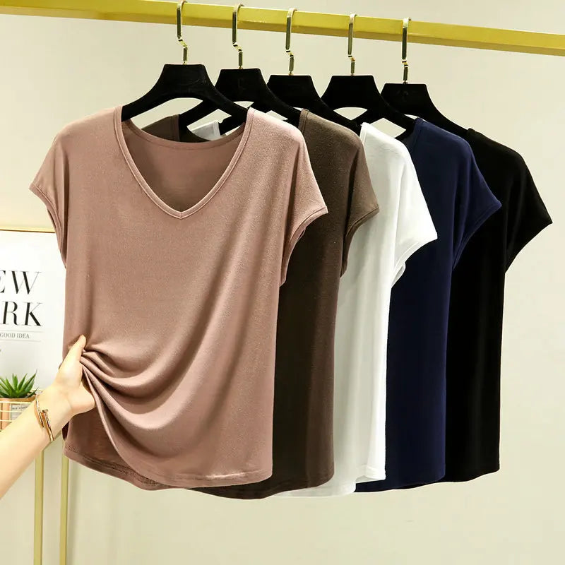 Modisches Modal-T-Shirt mit V-Ausschnitt, schmale Passform, Sommer NOOR08