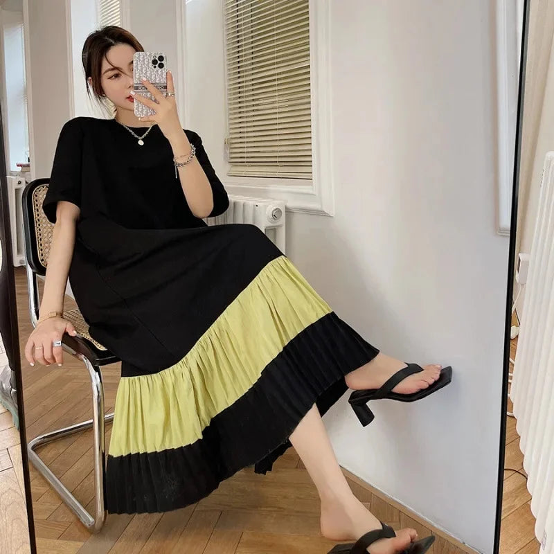 Langes ärmelloses Kleid, Color-Blocking, Plissee, Übergröße NOOR08