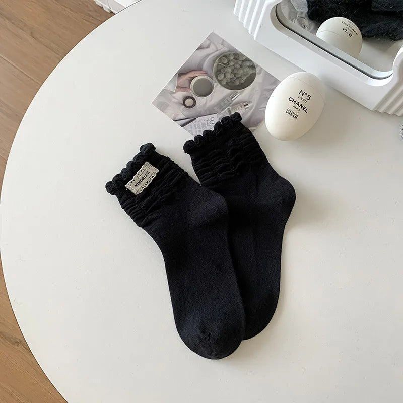 Damen Baumwollsocken Faltenrand Süß Koreanischer Stil NOOR08