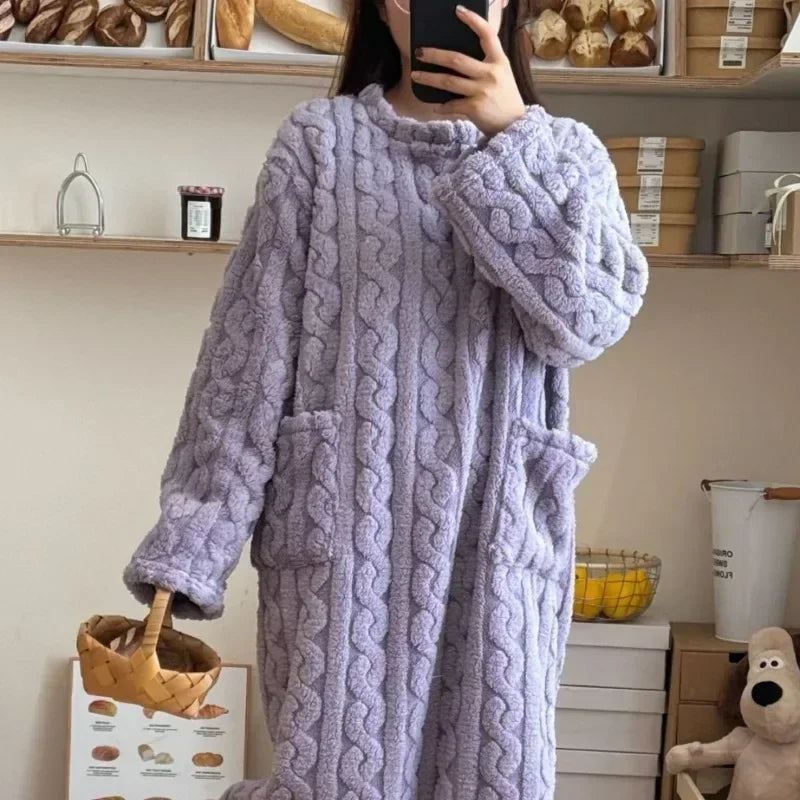Langer Flanell-Nachtmantel für Damen, Jacquard, warm NOOR08