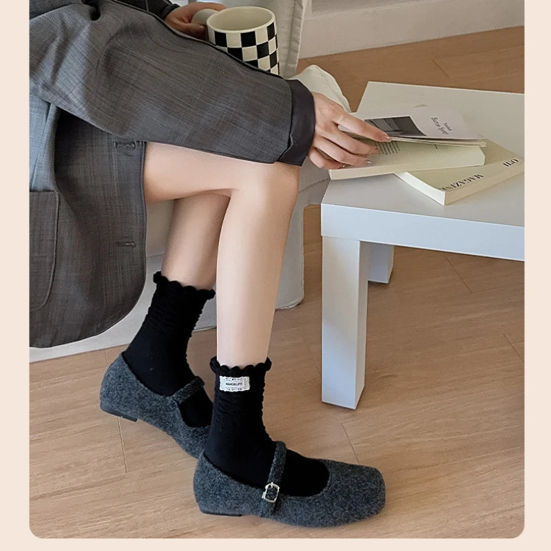 Damen Baumwollsocken Faltenrand Süß Koreanischer Stil NOOR08