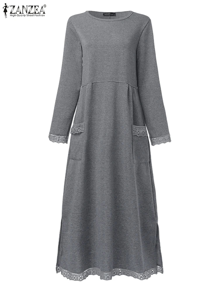 ZANZEA 2025 Herbst Sweatshirt-Kleid mit Spitze, O-Ausschnitt NOOR08