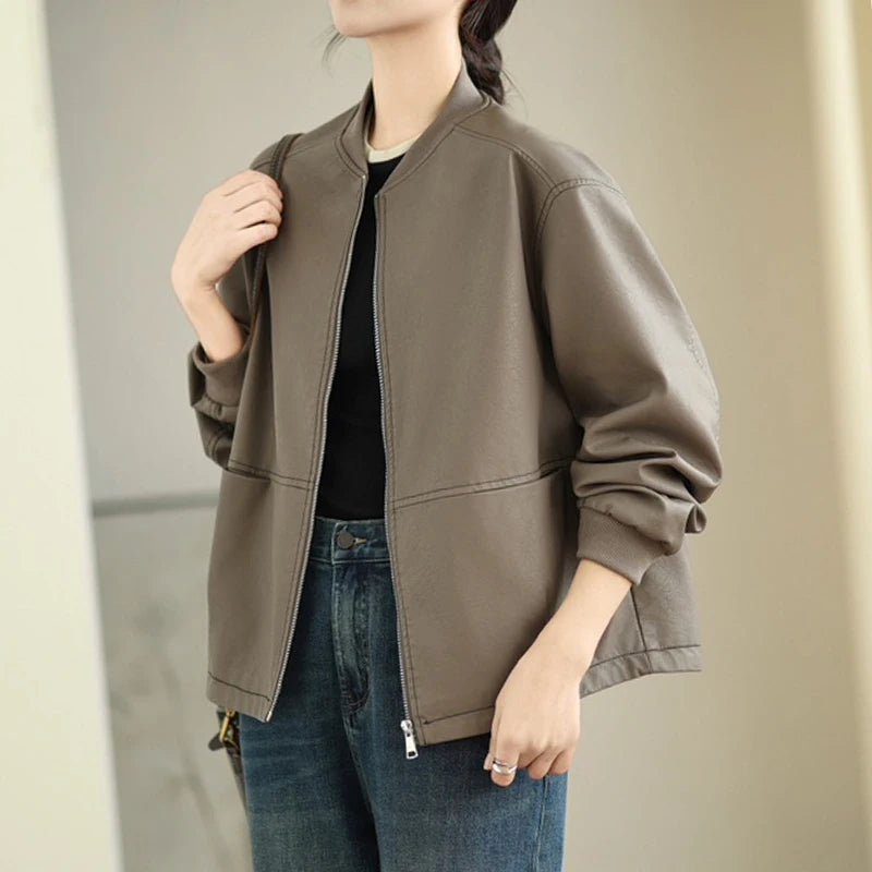 Lederjacke, Vintage, Damen, V-Ausschnitt, Windbreaker NOOR08