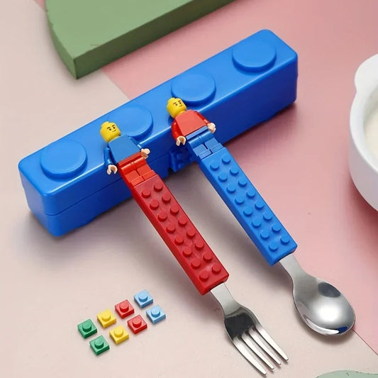 Bunte Baustein Besteck-Set – Tragbare Gabel & Löffel | Auslaufsicherer Kinder-Essensbehälter für Schule & Salat