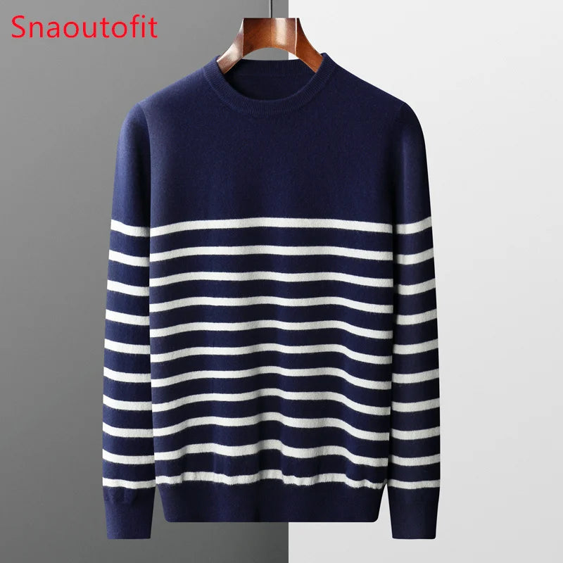 Herren-Pullover, 100% reine Wolle, Streifen, lockere Passform NOOR08