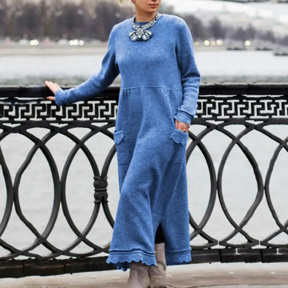 Langes Damen Maxi-Kleid für Herbst & Winter mit floraler Spitze NOOR08