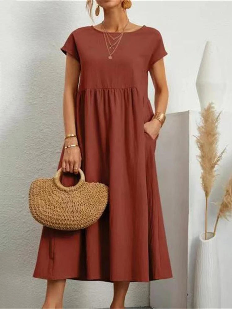 Elegantes Maxi-Kleid aus Leinen-Baumwolle, kurze Ärmel NOOR08