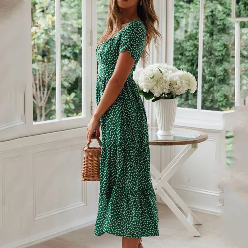 Sommerliches Boho Chiffon-Kleid mit Blumenprint und eckigem Kragen NOOR08