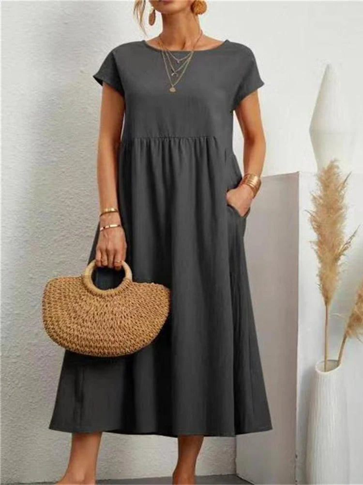 Elegantes Maxi-Kleid aus Leinen-Baumwolle, kurze Ärmel NOOR08