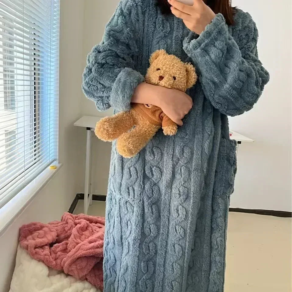 Langer Flanell-Nachtmantel für Damen, Jacquard, warm NOOR08