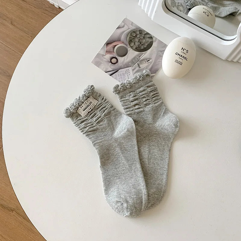 Damen Baumwollsocken Faltenrand Süß Koreanischer Stil NOOR08