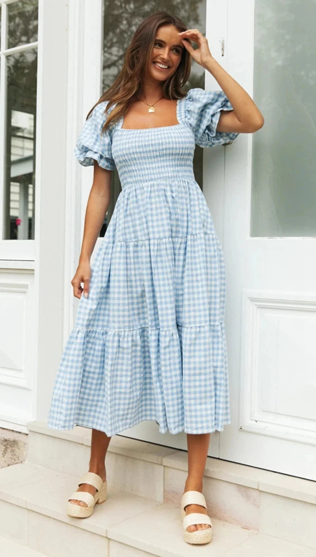Damen Sommerkleid, kurzes Puffärmel, eckiger Kragen, kariert NOOR08