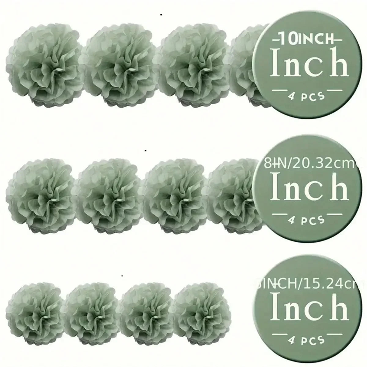 12er Set Papier Pom Poms (Weiß & Hellgrün) – Hängende Deko Blumenbälle für Hochzeit & Party