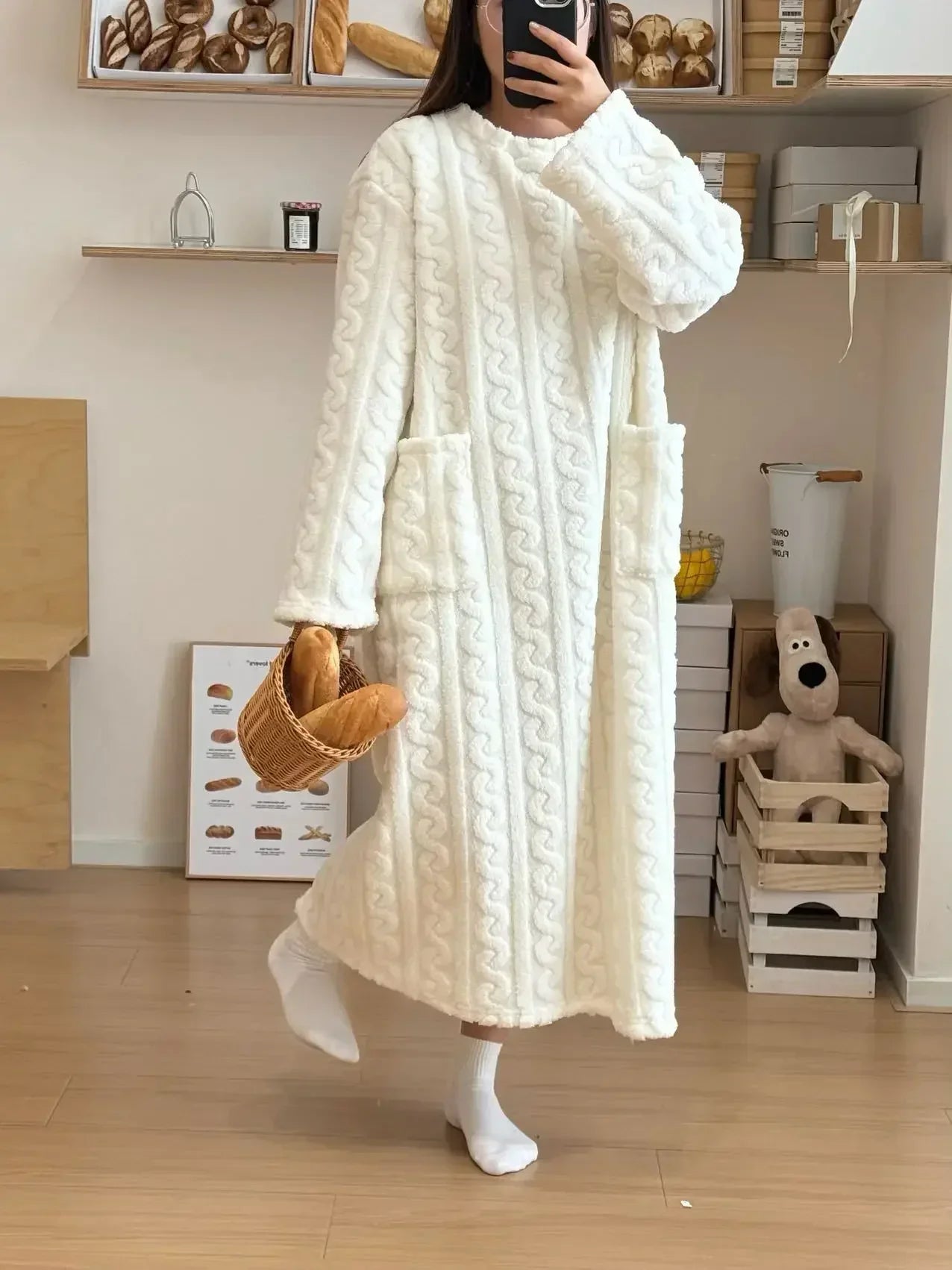 Langer Flanell-Nachtmantel für Damen, Jacquard, warm NOOR08