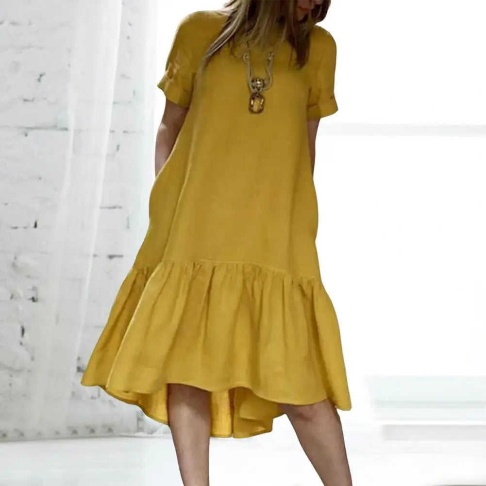 Einfarbiges Damen-Sommerkleid, A-Linie, Knielang mit Rüschensaum NOOR08