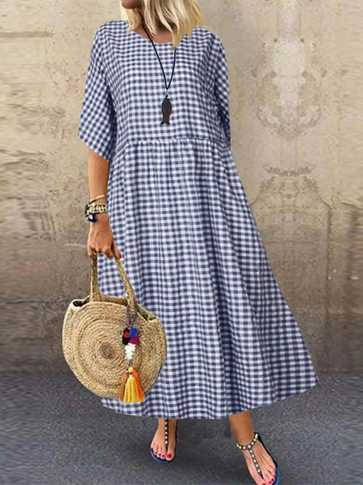 ZANZEA Sommer 2025 Bohemian Maxi-Kleid mit elegantem Karo-Muster NOOR08
