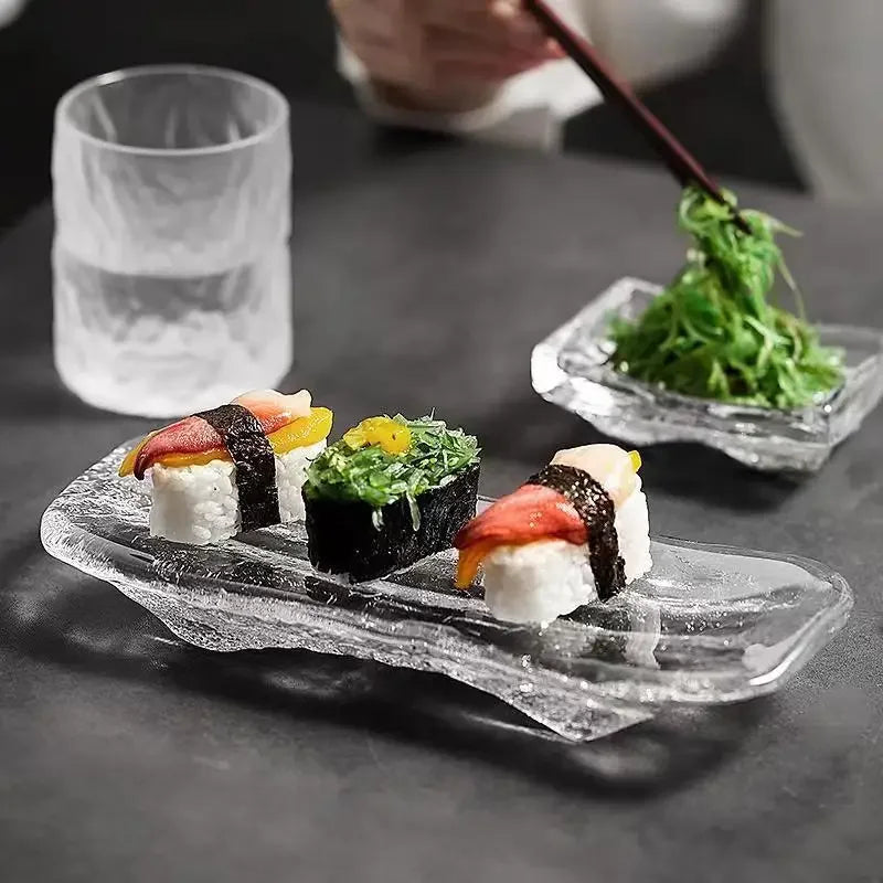 Japanische Glas-Sashimi-Platte – "Eisfluss" Sushi-Teller für Zuhause & Restaurant NOOR08