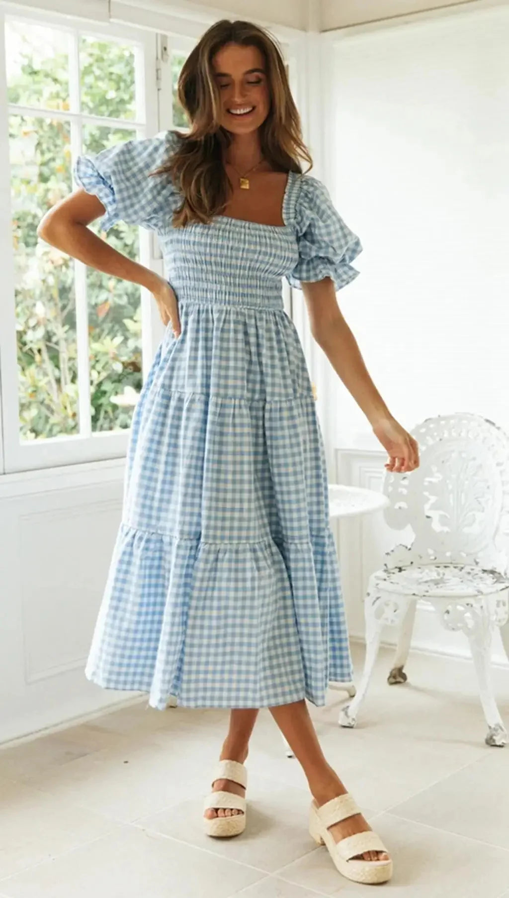 Damen Sommerkleid, kurzes Puffärmel, eckiger Kragen, kariert NOOR08