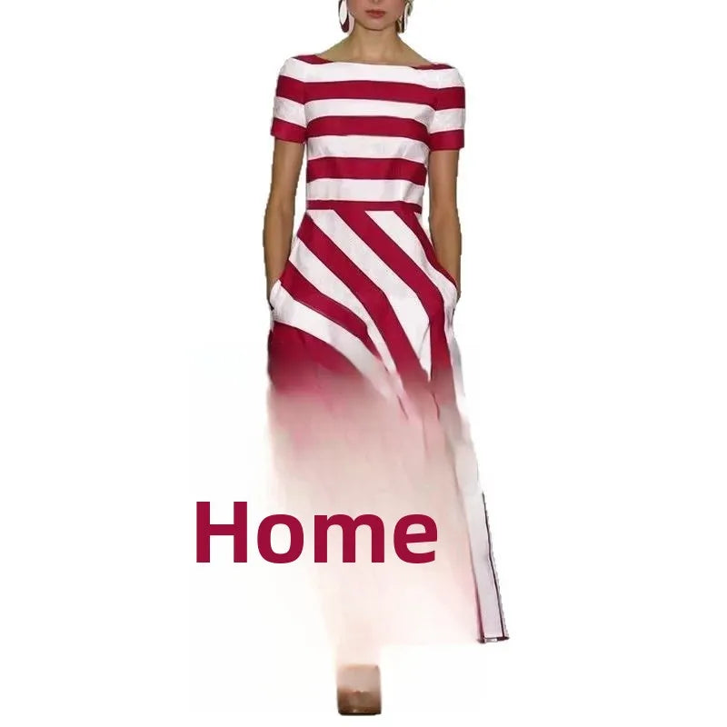 Langes Damen-Streifenkleid mit One-Shoulder-Design und kurzen Ärmeln NOOR08