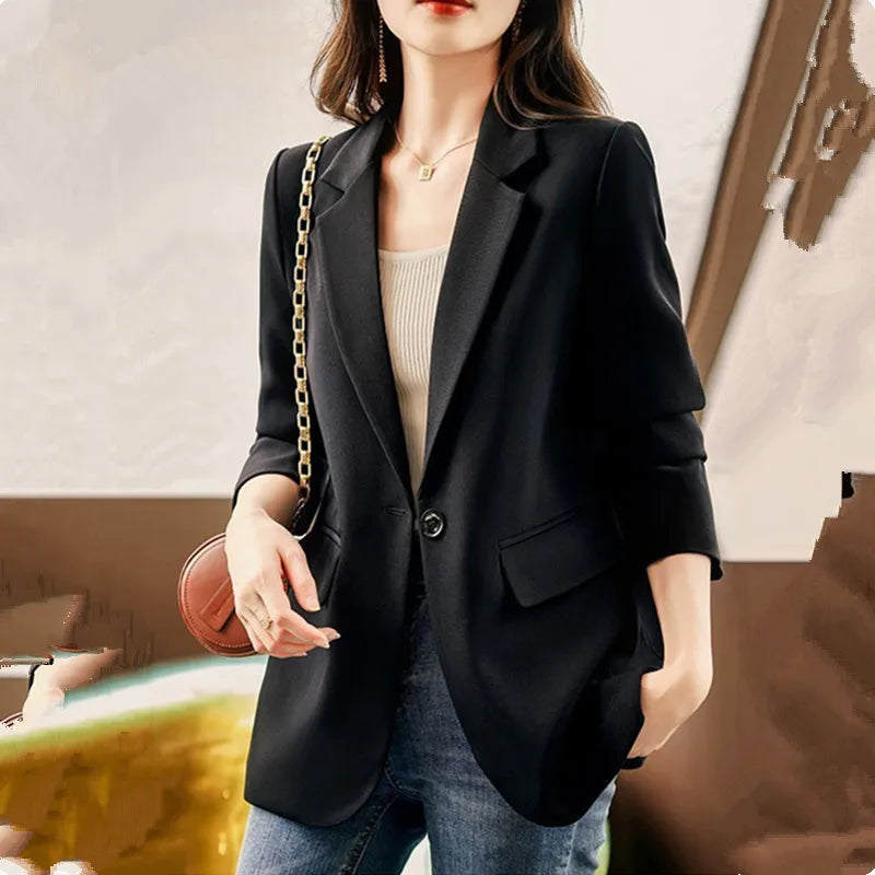 Damen-Blazer, Khaki/Schwarz, Ein-Knopf-Verschluss, Business NOOR08