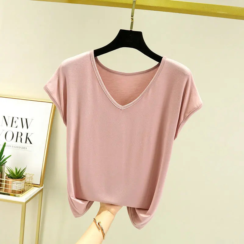 Modisches Modal-T-Shirt mit V-Ausschnitt, schmale Passform, Sommer NOOR08