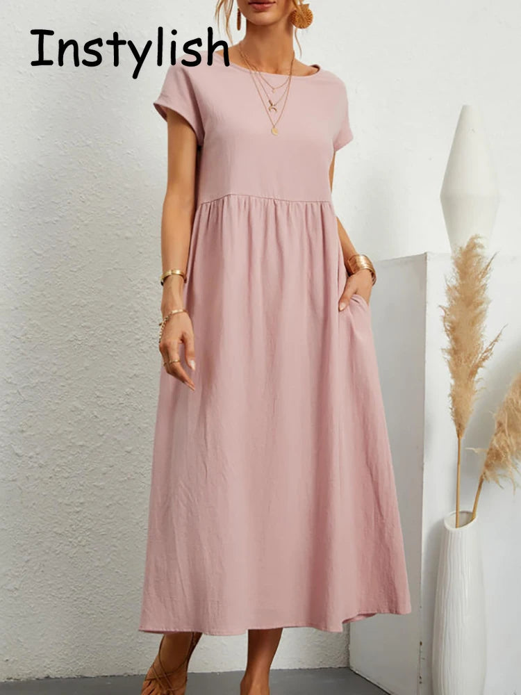 Elegantes Maxi-Kleid aus Leinen-Baumwolle, kurze Ärmel NOOR08