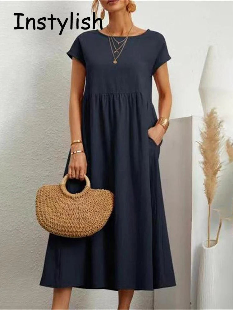 Elegantes Maxi-Kleid aus Leinen-Baumwolle, kurze Ärmel NOOR08