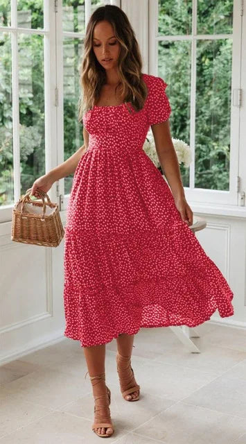 Sommerliches Boho Chiffon-Kleid mit Blumenprint und eckigem Kragen NOOR08