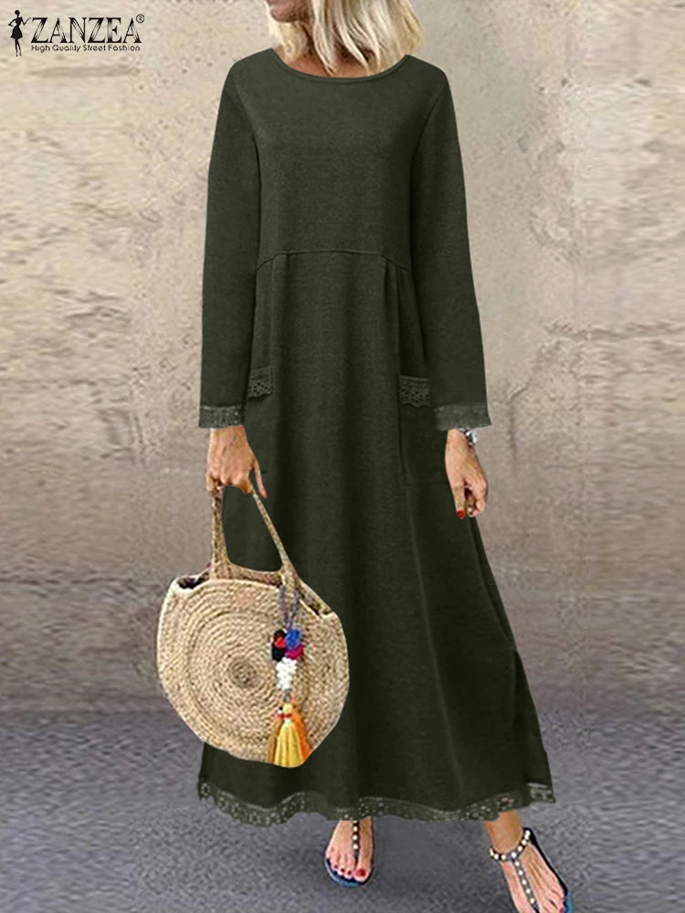ZANZEA 2025 Herbst Sweatshirt-Kleid mit Spitze, O-Ausschnitt NOOR08