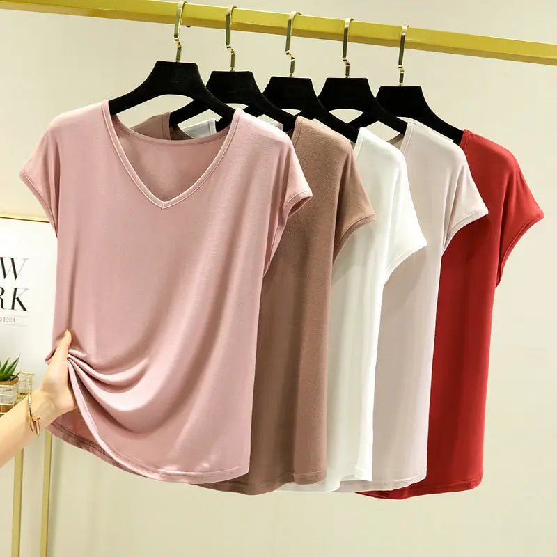 Modisches Modal-T-Shirt mit V-Ausschnitt, schmale Passform, Sommer NOOR08