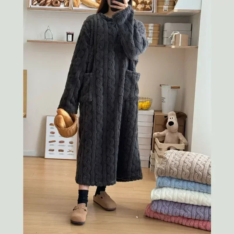 Langer Flanell-Nachtmantel für Damen, Jacquard, warm NOOR08