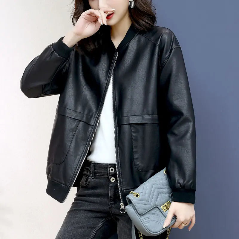 Damen-Kunstlederjacke, locker, kurz, Frühling/Herbst NOOR08