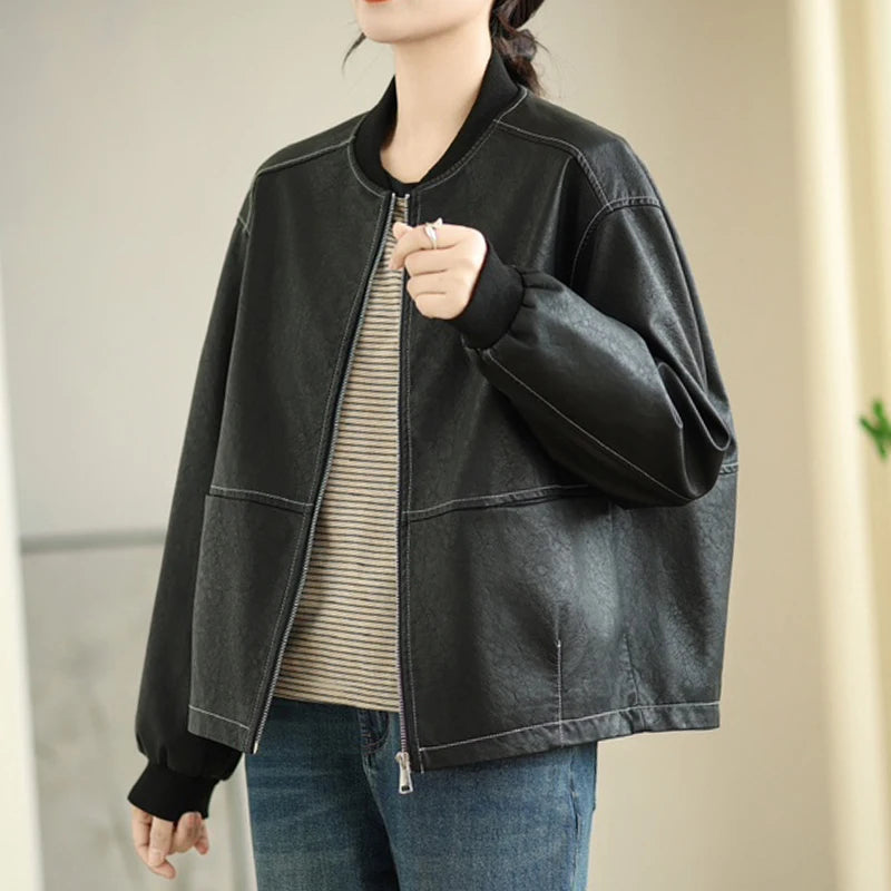 Lederjacke, Vintage, Damen, V-Ausschnitt, Windbreaker NOOR08